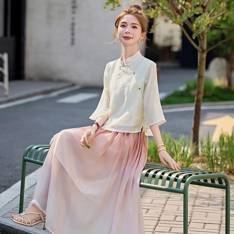 新中式刺绣改良旗袍汉服套装女2025夏季洋气时尚渐变半身裙两件套