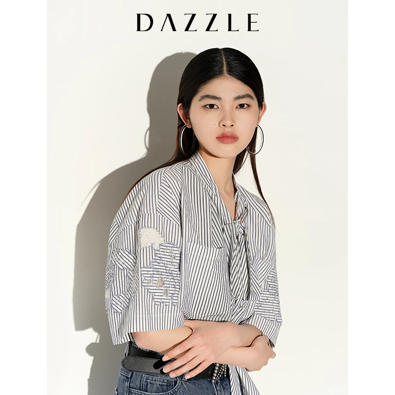 DAZZLE地素款法式条纹镂空系带短袖衬衫2E2C2902S