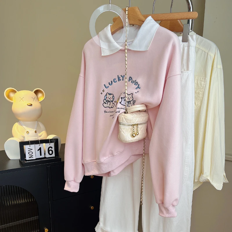 初中学生减龄粉色Polo领休闲卫衣女秋冬2026新款宽松慵懒显瘦外套