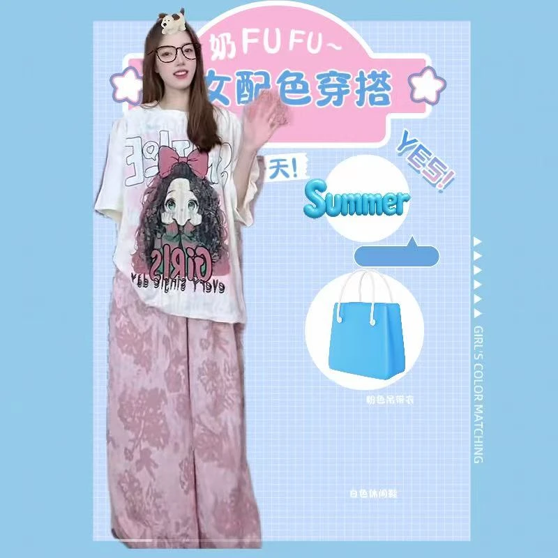 卡通动漫数字印花极简风冰丝磨破短袖T恤夏季阔腿裤减龄蝴蝶结