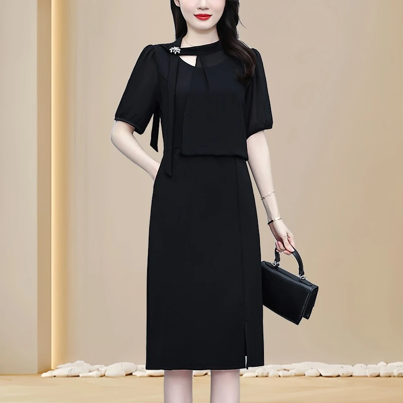 夏季新款大码短袖连衣裙妈妈女装收腰显瘦气质法式百搭高级感裙子
