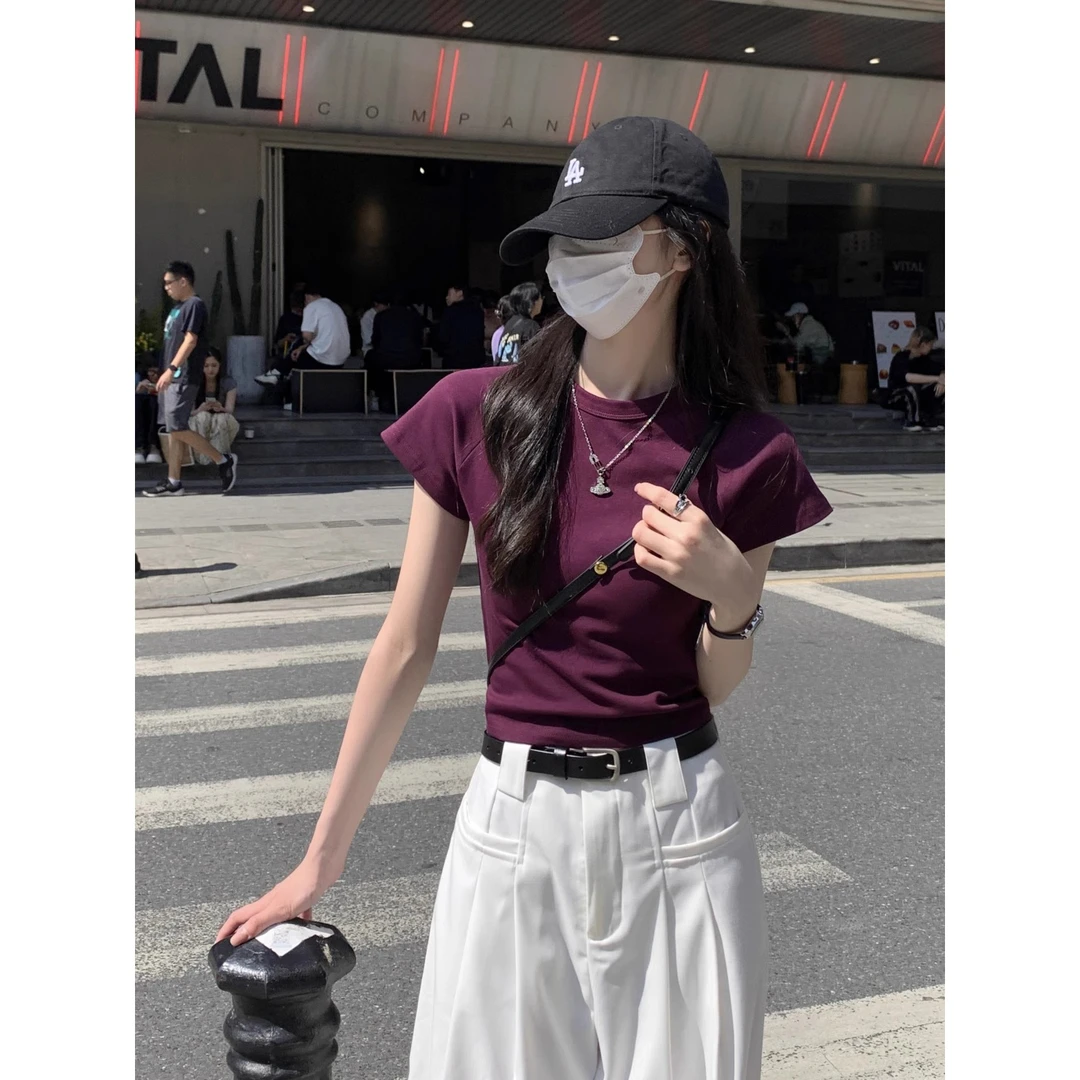 紫色气质修身短袖正肩t恤女夏季设计感小众甜辣妹短款显瘦上衣潮