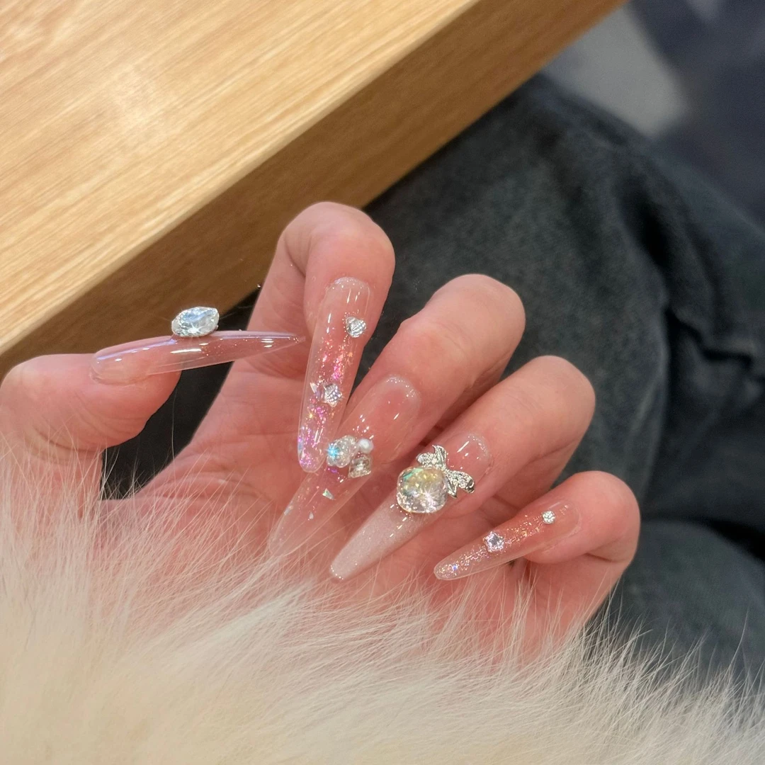 【原创实拍】仙女粉蝴蝶猫眼渐变爆闪方糖钻粉色细闪纯手工穿戴甲
