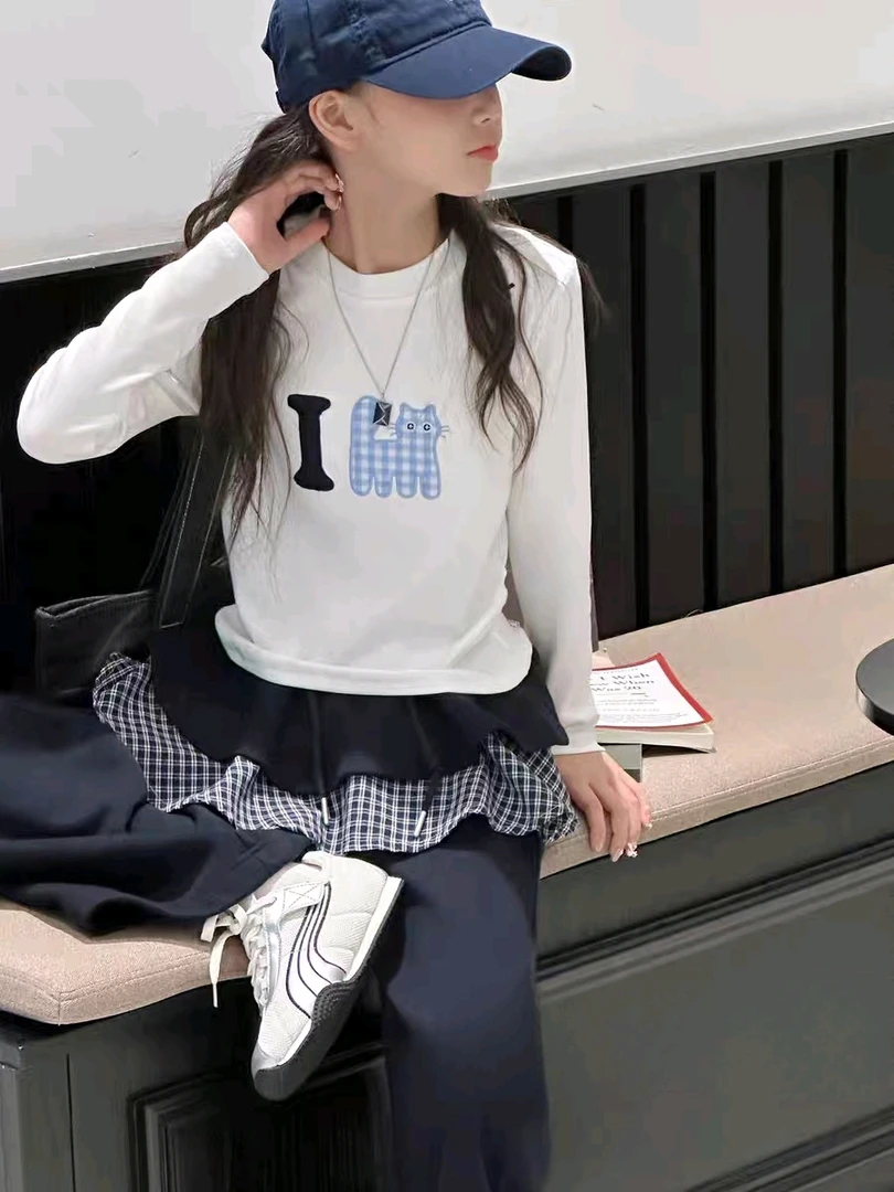 猫咪长袖圆领女童长T短款春秋卡通T恤秋季修身显瘦百搭学院风7027