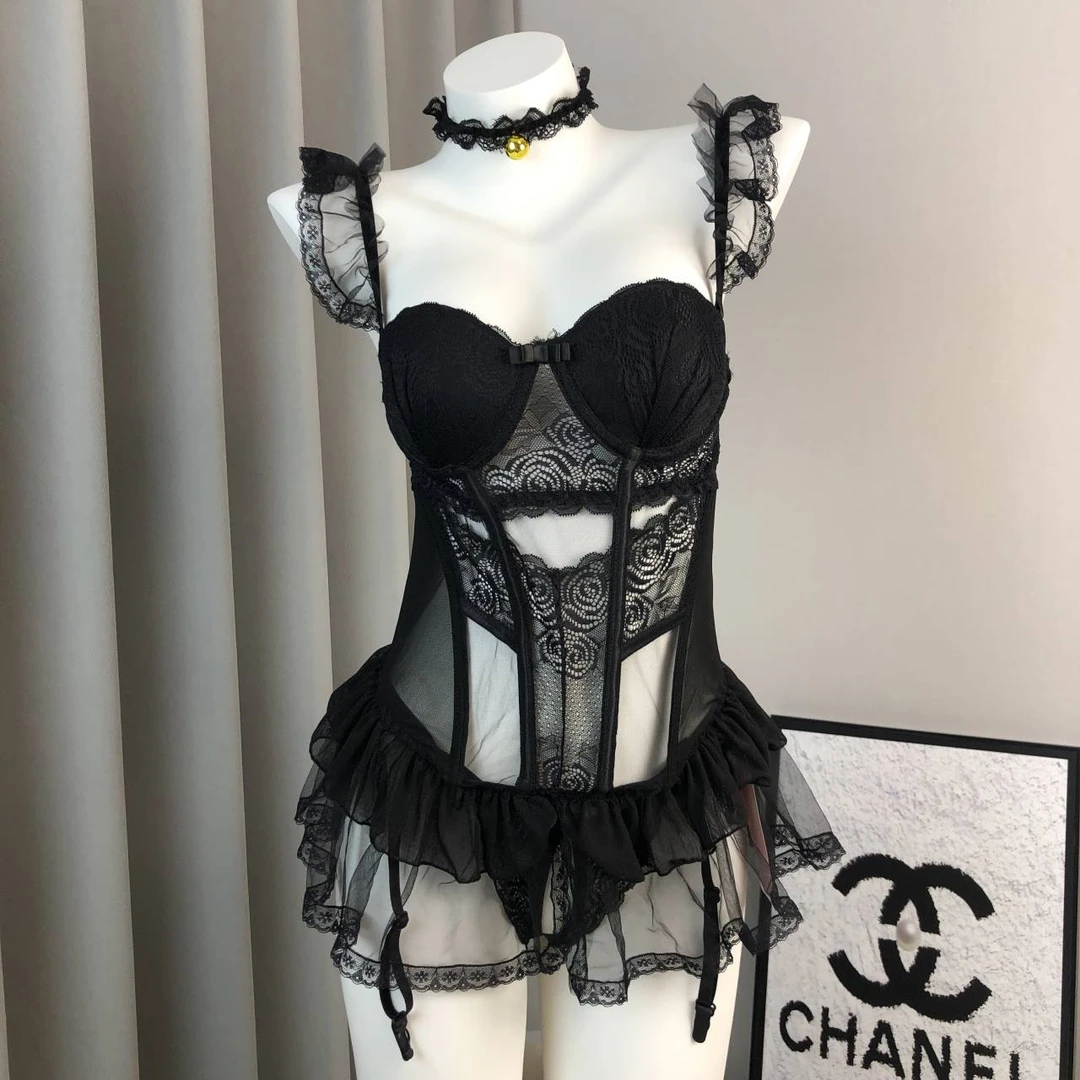 【魅影织梦】性感带垫聚拢连体欧美修身套装黑色钢圈鱼骨睡衣辣妹