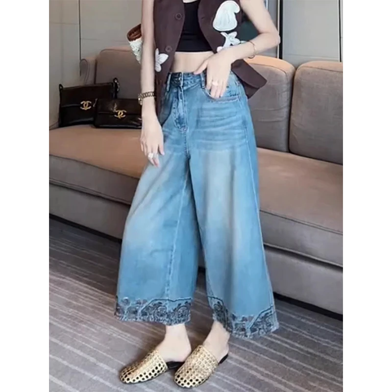 欧货复古刺绣边八分牛仔裤女2025年夏新款胖mm高腰宽松休闲阔腿裤