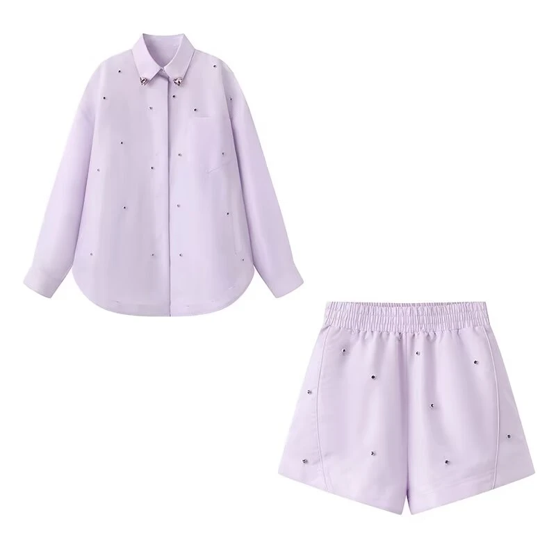 休闲通勤宽松钉钻落肩长袖衬衫外套短裤套装【8093】