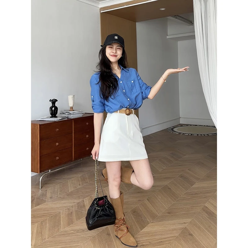 张阿星【微风蓝调】复古老钱亚麻显白单排扣质感蓝衬衫+高腰A字半裙
