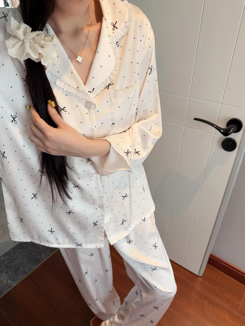 睡衣女夏高级感蝴蝶结波点冰丝两件套开衫短袖短裤卡通家居服套装