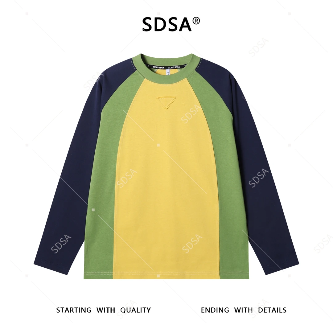 SDSA男士秋冬新款轻奢痞帅男装拼接撞色倒三角圆领长袖T恤时尚潮