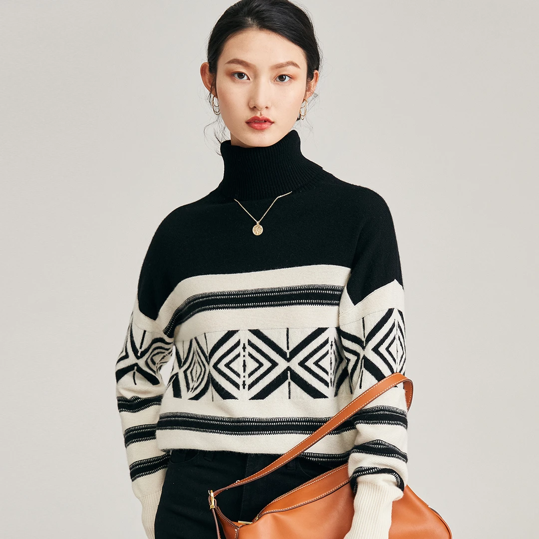 春季高领菱格提花毛衣减龄百搭羊绒衫女ET21327R-B