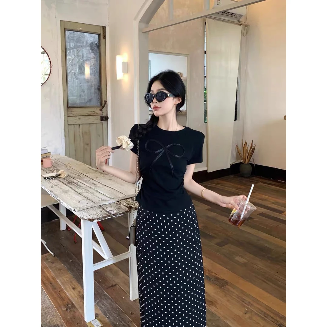 圆领蝴蝶结上衣波点半裙套装女夏季大码胖妹妹法式高级显瘦两件套