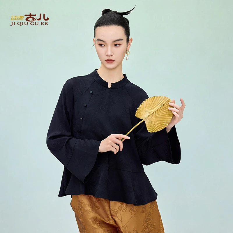 吉丘古儿芳甸中式上衣荷叶边舒适衬衫百搭宽松提花小衫薄G251Y010