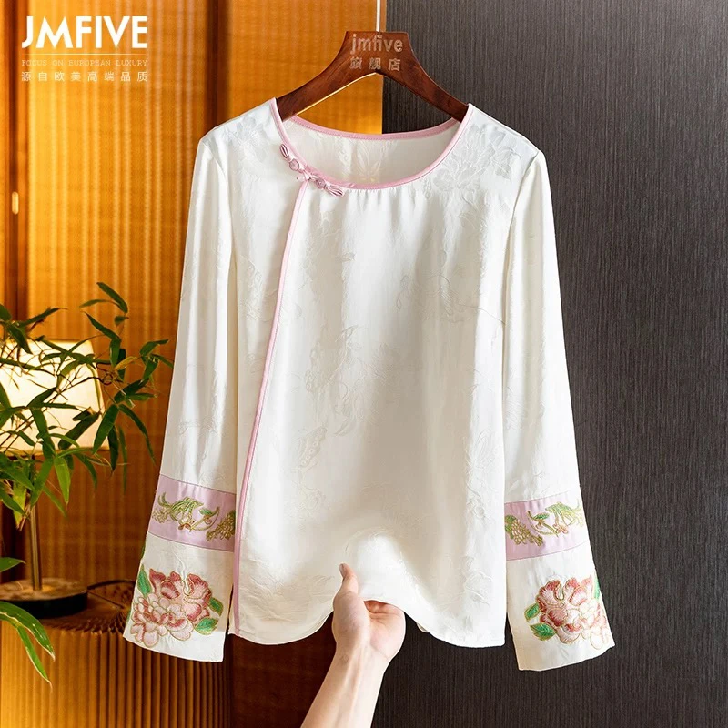 三色圆领袖口刺绣小衫