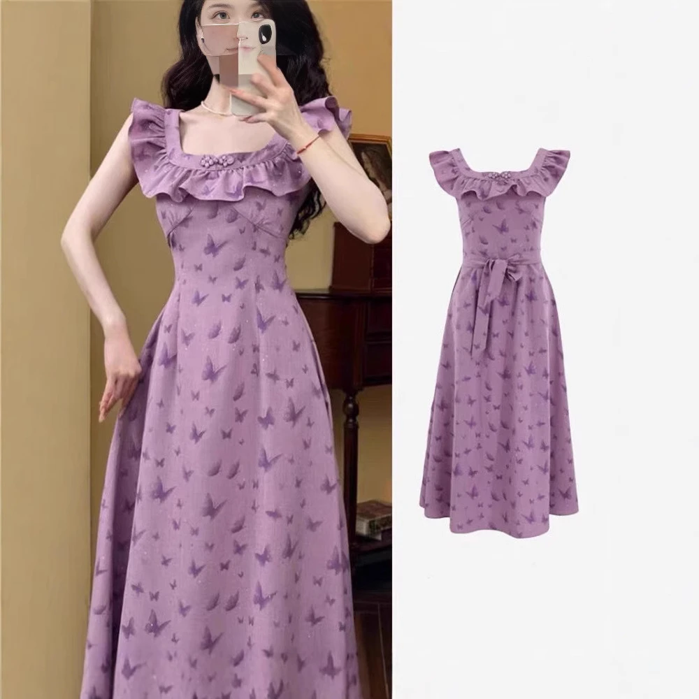 法式绑带收腰甜美蝴蝶结连衣裙女夏温柔风浪漫紫气质别致绝美长裙