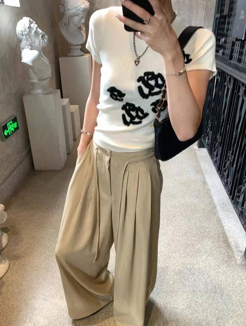 9657秋季新款韩系复古压褶设计感抽绳宽松百搭小众阔腿休闲裤
