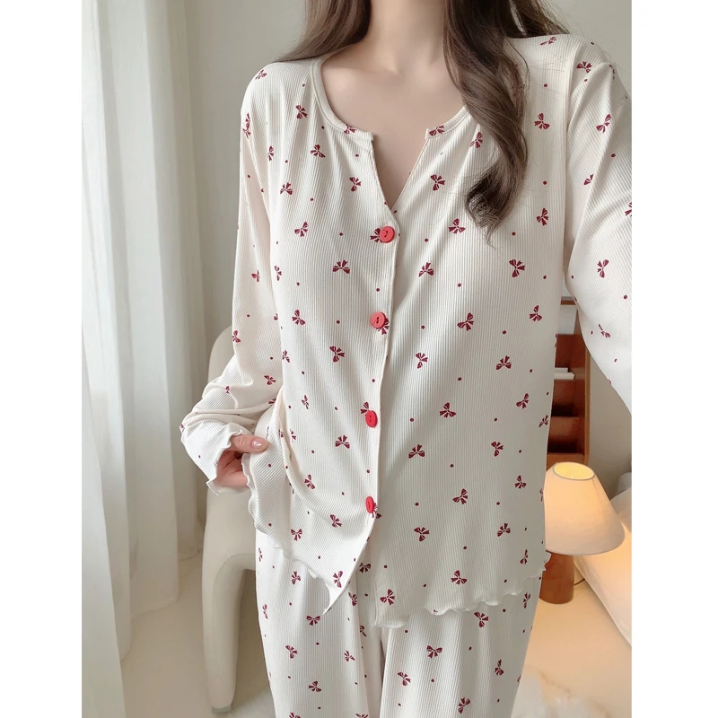 莫代尔睡衣女带胸垫春秋季长袖甜美套装新款2025夏天薄款家居服