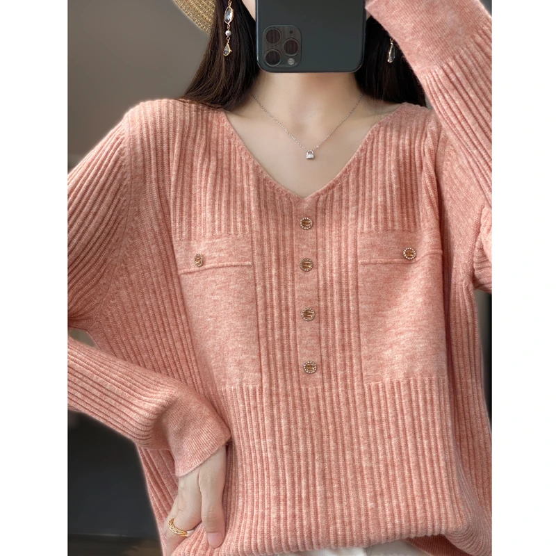 新款v领针织衫女长袖洋气韩版宽松套头打底衫