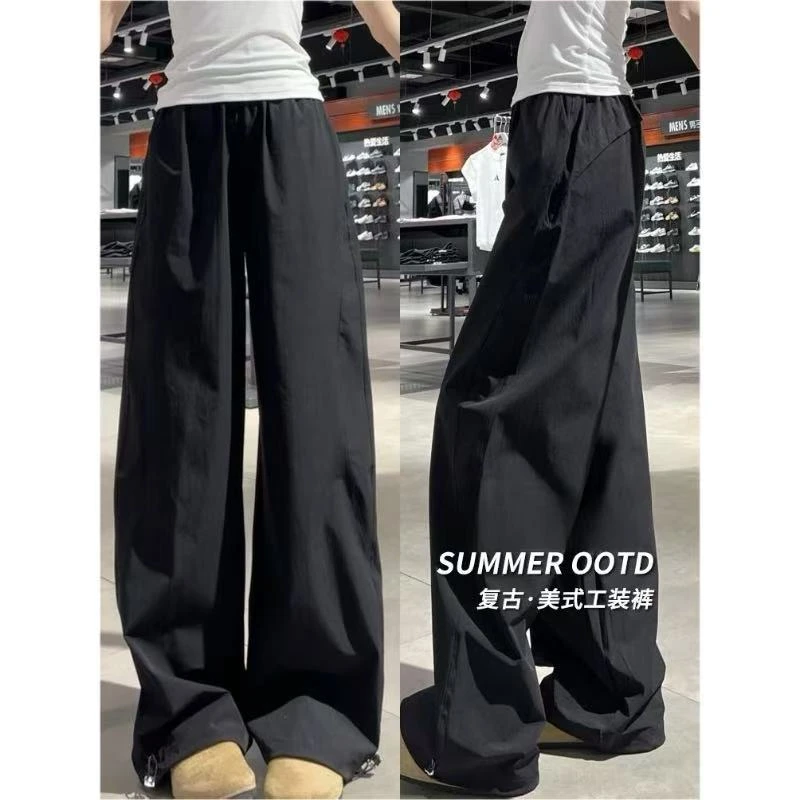 复古休闲速干工装裤女夏季薄款小个子高腰垂坠感百搭直筒运动长裤