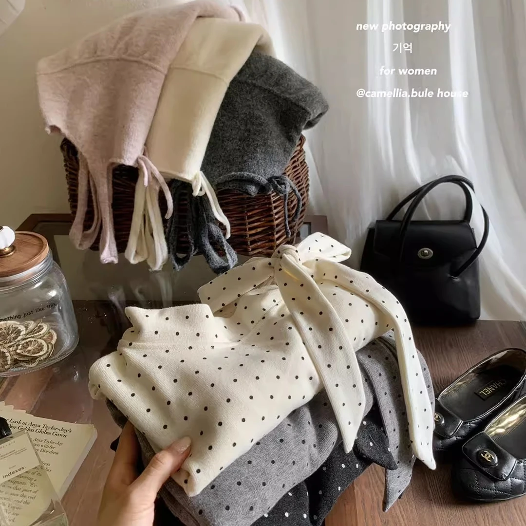 磨毛miu系蝴蝶结系带加厚长袖波点T恤女秋冬叠穿吊带马甲绝美上衣