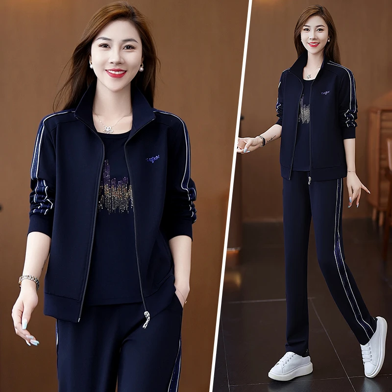 立领运动套装女春秋2025新款休闲百搭开衫卫衣宽松大码长裤三件套