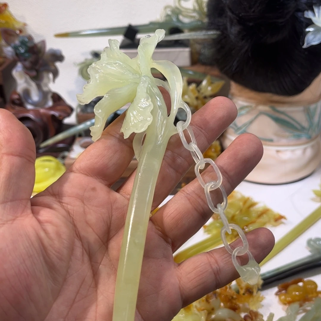 蛇纹石玉发簪合金海*青