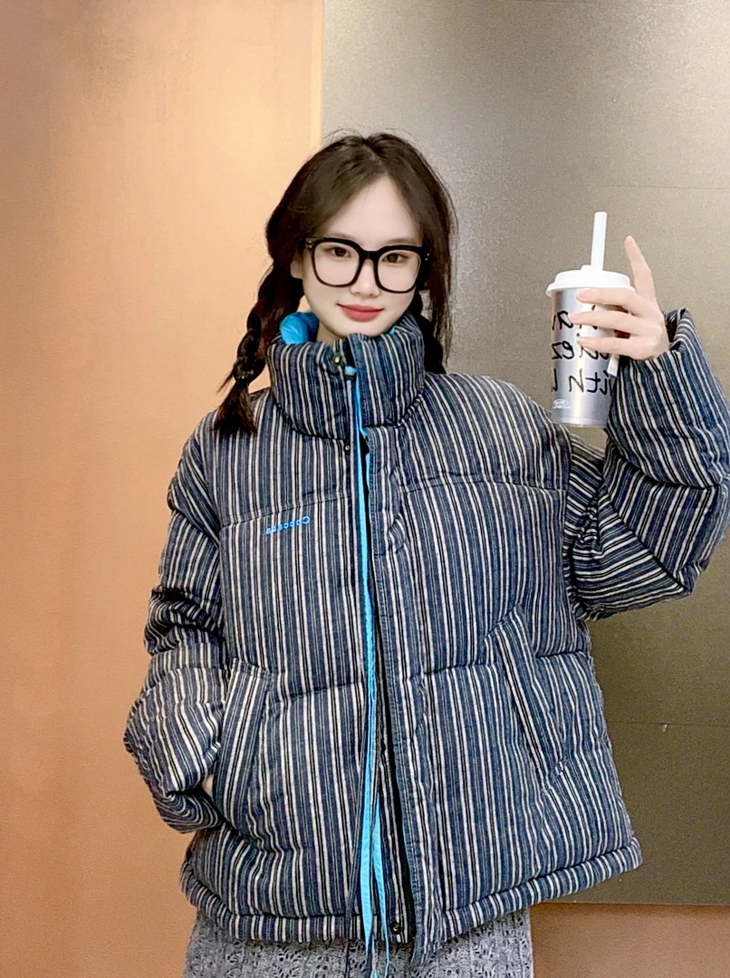 Coccara设计师品牌C611亚麻棉条纹鹅绒服时尚休闲百搭保暖冬季