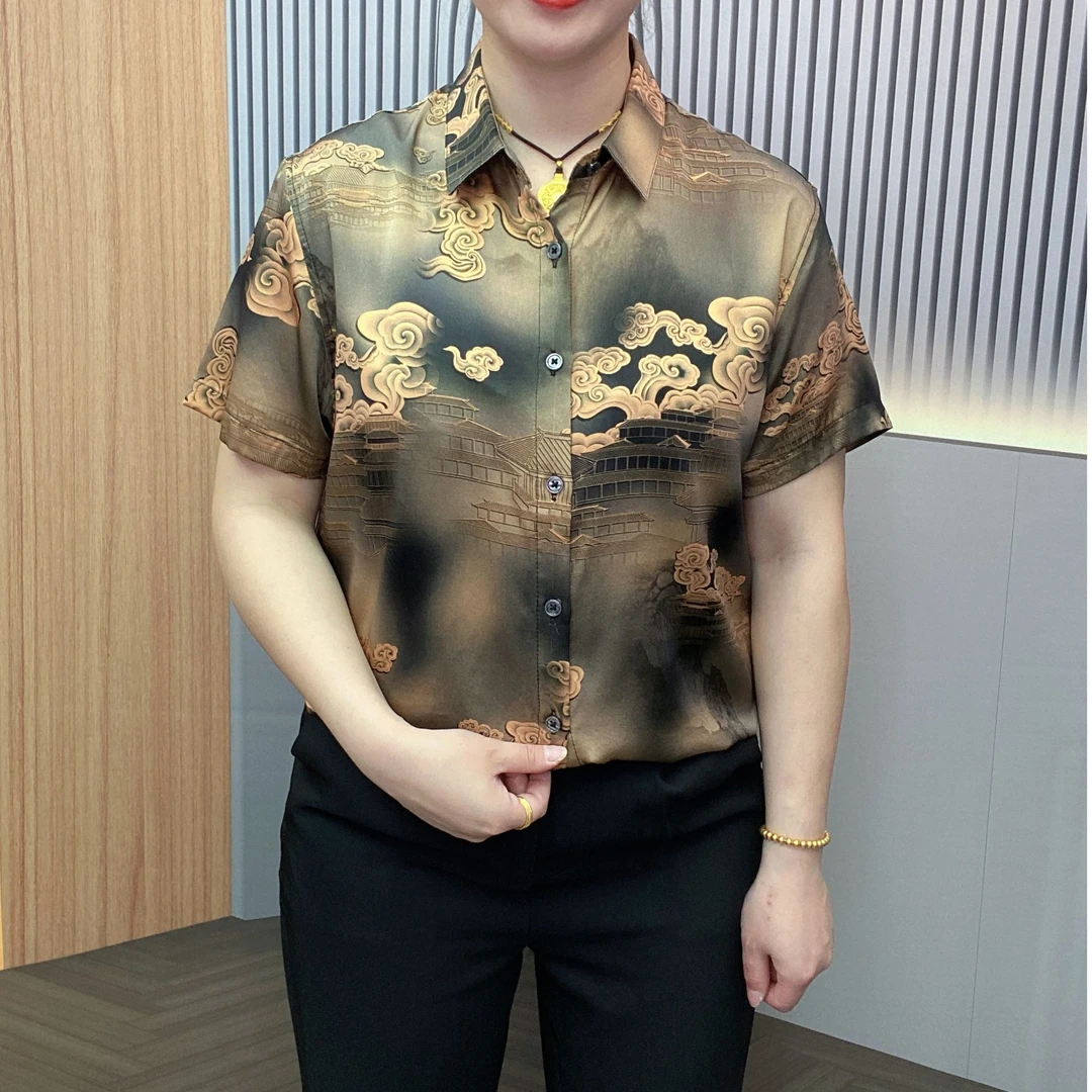 【桑蚕丝】夏季男士新款重磅真丝天然桑蚕丝金色祥云短袖百搭衬衫M2