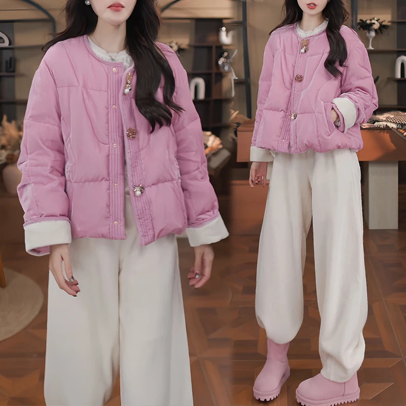 韩系甜妹温柔风2025冬季纯色棉服阔腿裤套装日常出街松弛感两件套