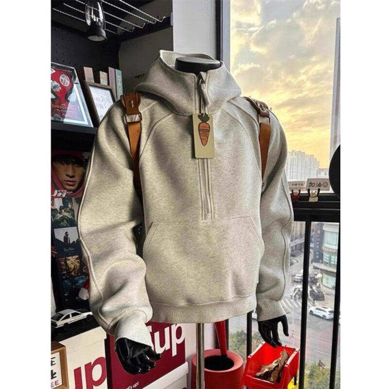 美式半拉链立领卫衣男款春秋小众解构外套cleanfit重磅硬挺连帽衫