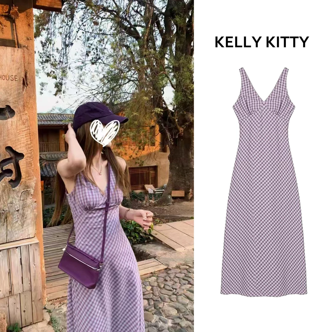 复古格纹V领无袖背心连衣裙女法式度假风气质收腰修身裙子D8094