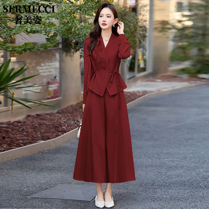 流行穿搭一整套女装连衣裙女2025春秋季刺绣红色西服半身裙两件套