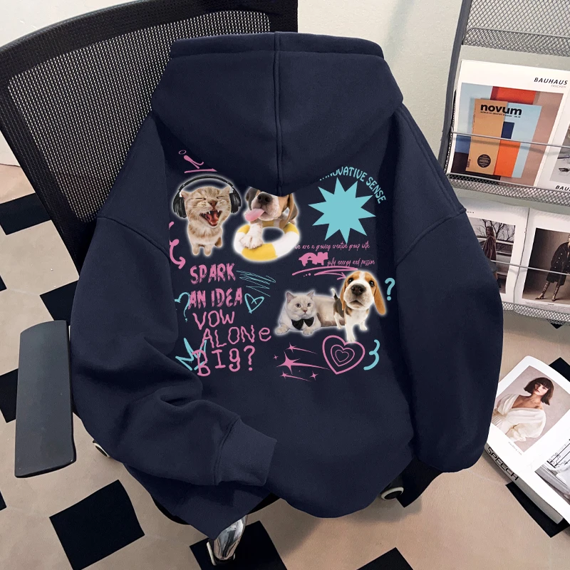 Dekkry韩系chic可爱风宠物印花连帽卫衣男女款秋冬藏青色港风上衣