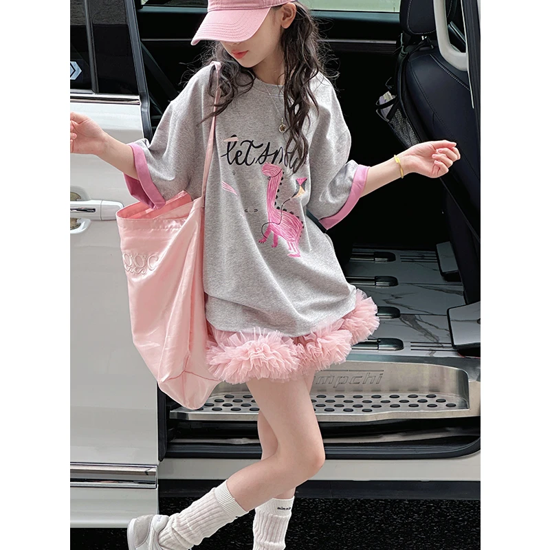 K29043 潮流撞色女童短袖T恤2025夏装新款儿童上衣半袖时髦百搭潮