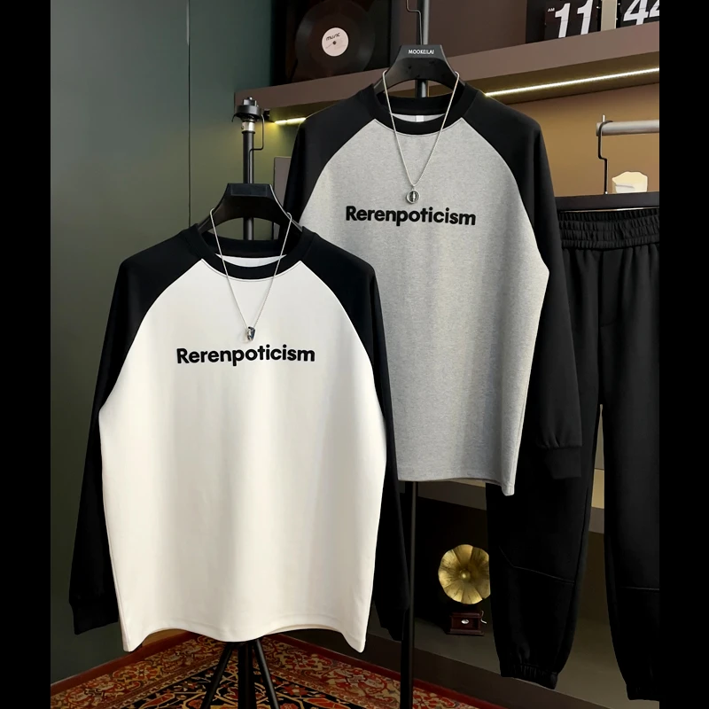 [气质拼接不褪色男装T恤]时尚个性撞色男士上衣宽松休闲2025春装