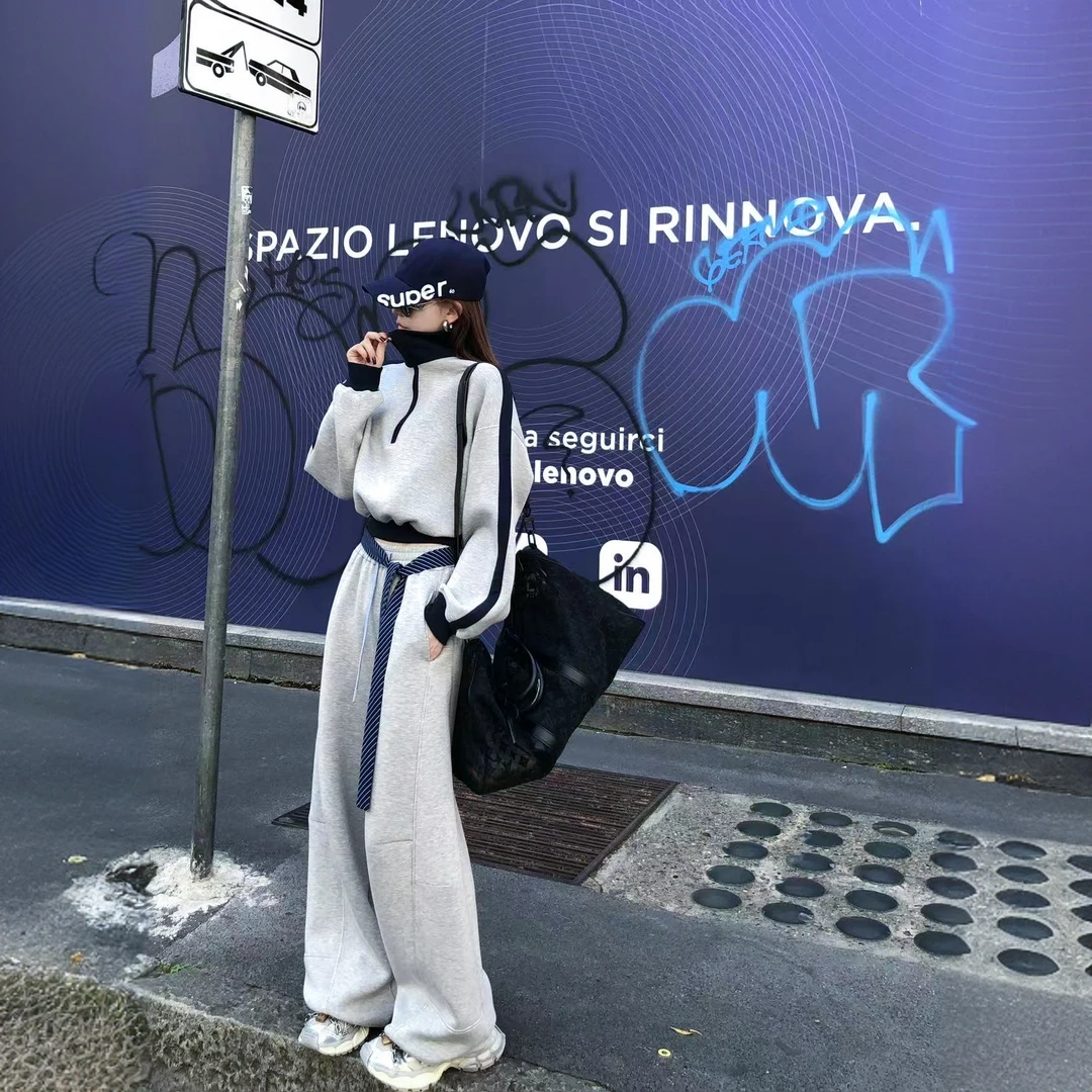 美式复古慵懒风运动卫衣套装女时髦撞色宽松休闲裤两件套遮肉ins