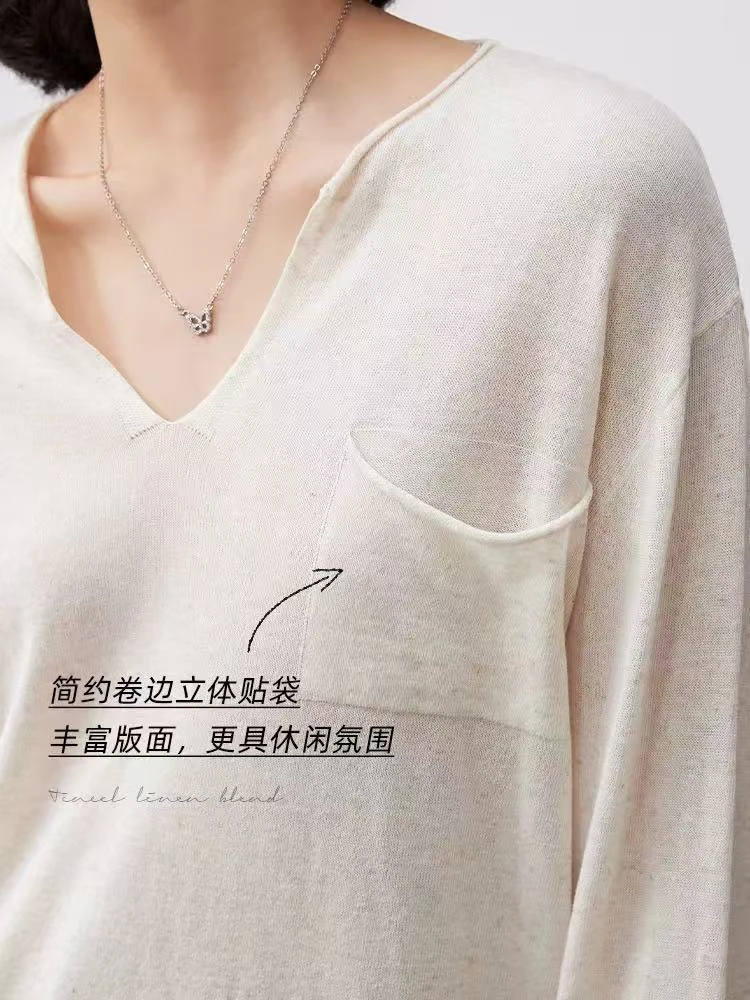亚麻混纺柔软轻盈V领薄透落肩宽松针织衫五色2276