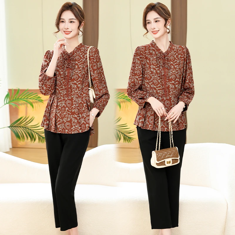 两件套2024春秋高档罗缎妈妈2023洋气新款时尚套装气质