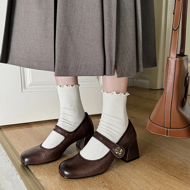 牛皮6cm单鞋复古山茶花玛丽珍女士百搭真皮女鞋一字扣舒适百搭女