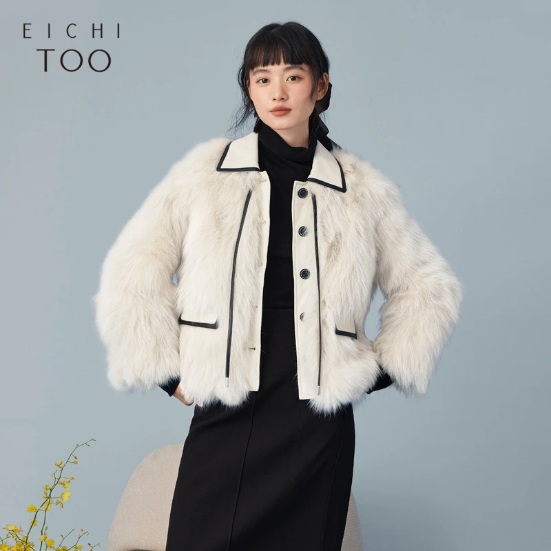 爱居兔冬季羊皮革狐狸毛拼接高级感皮草外套EWQGJ4N002A