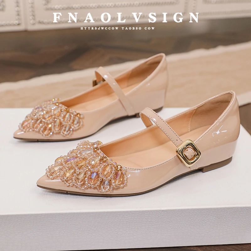 内增高浅口单鞋女2025新款尖头水钻一字带玛丽珍平底鞋小码女鞋33