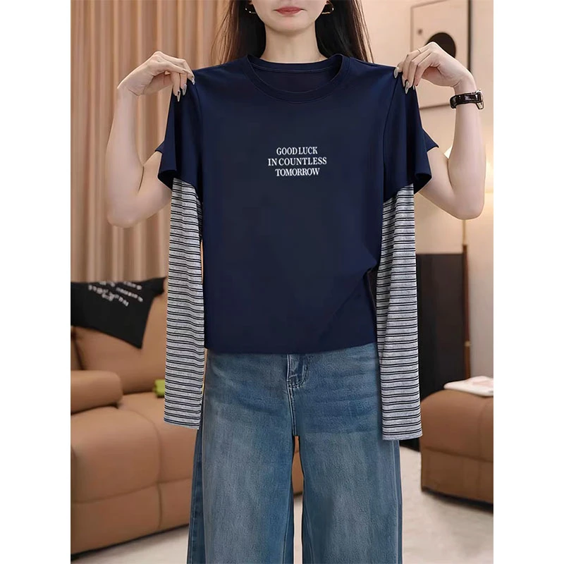 爆款拼接条纹假两件藏青色2025新款长袖t恤女装秋季新款百搭减龄