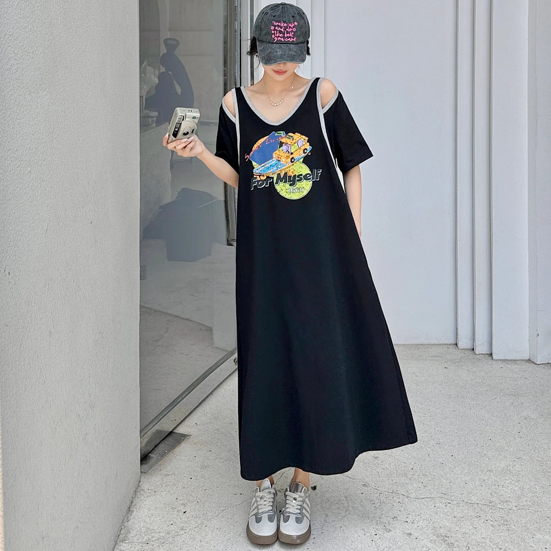 大码V领露肩长款t恤裙女夏新款胖mm宽松遮肉设计感休闲短袖连衣裙