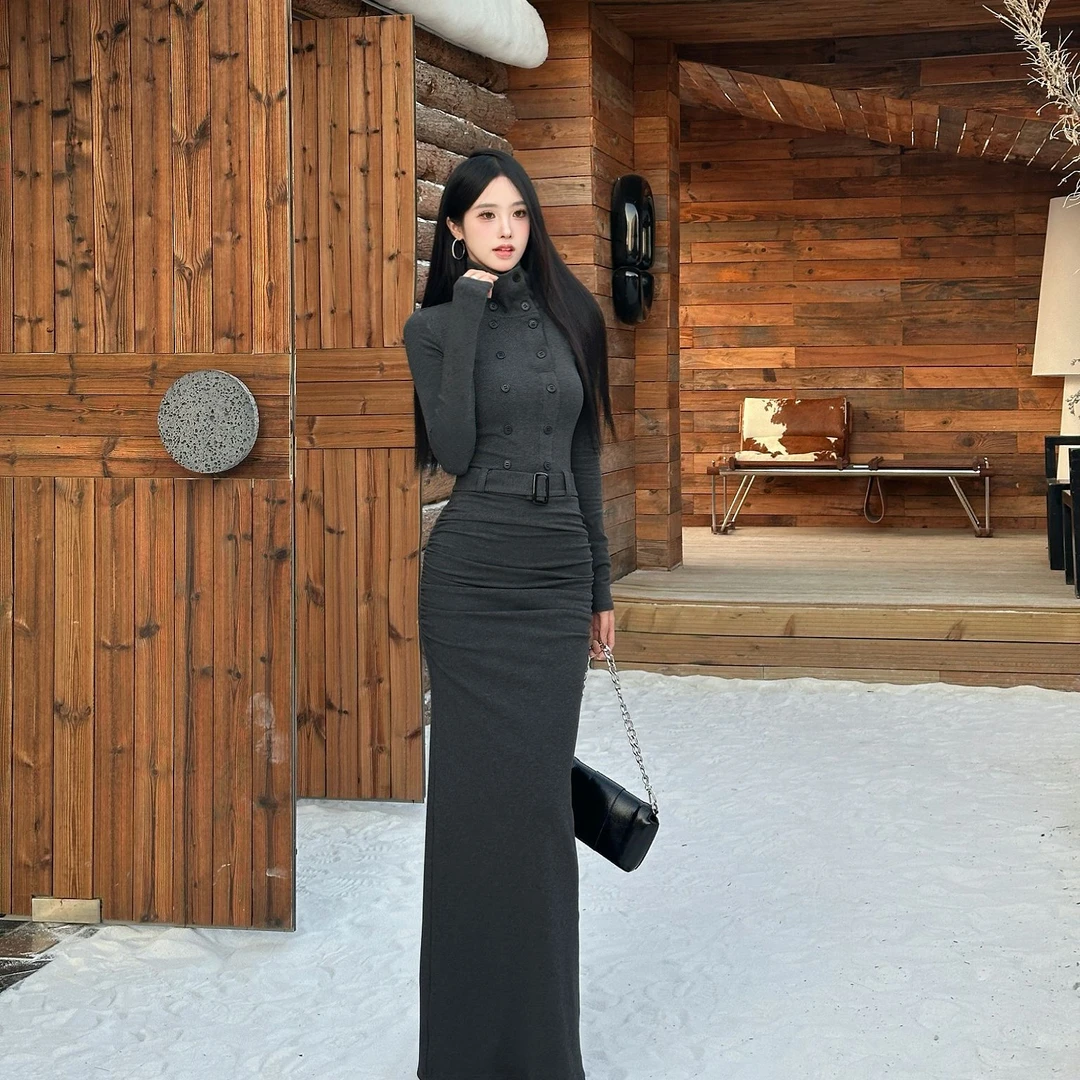 TITI 冬季连衣裙修身御姐高领双排扣搭腰带气质显瘦鱼尾包臀裙女
