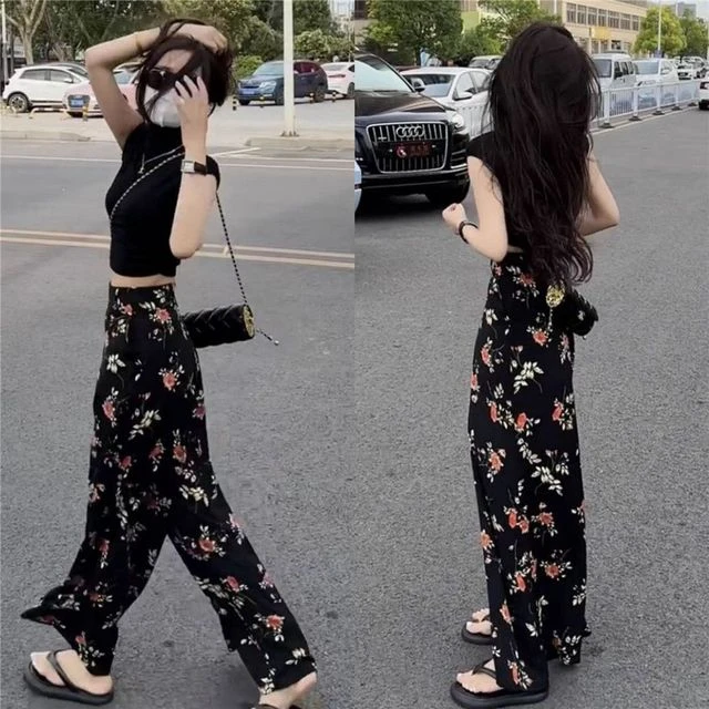 2025夏季美式高级修身显瘦短款上衣+高腰垂感碎花新款短袖t恤女