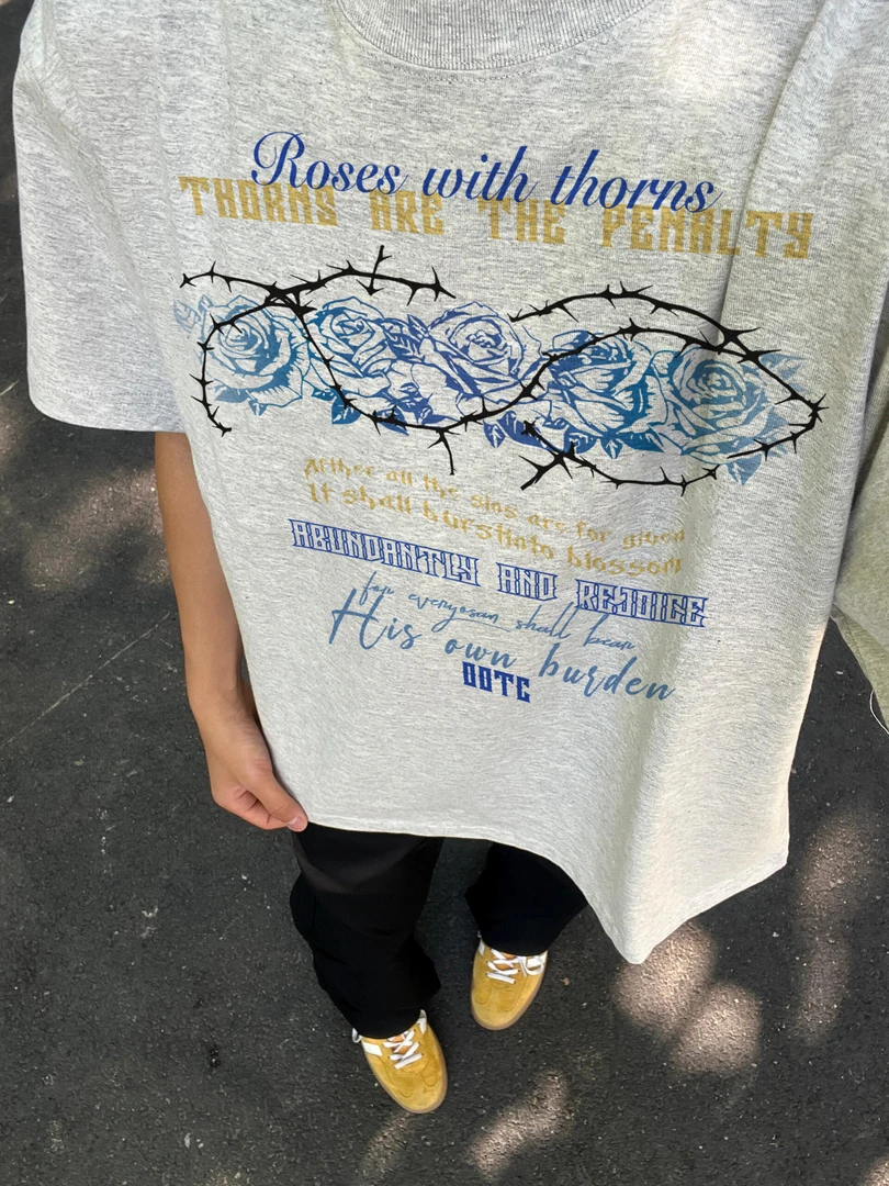 美式复古荆棘玫瑰字母印花短袖男女夏季高街重磅纯棉宽松百搭上衣