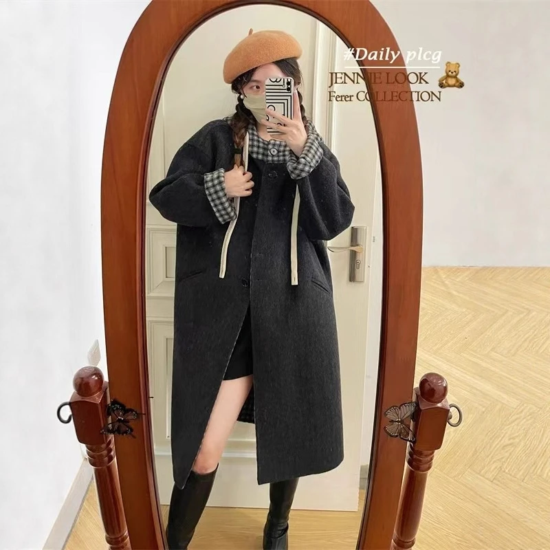 网红爆款2025秋冬韩版宽松韩版格子连帽双面羊毛大衣气质毛呢外套