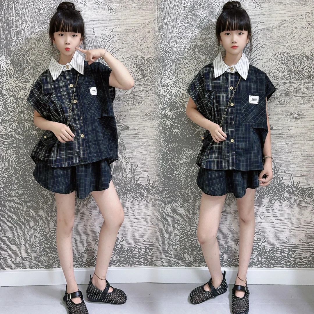 女童夏季套装2025新款儿童洋气格子衬衫牛仔短裤两件套百搭时尚