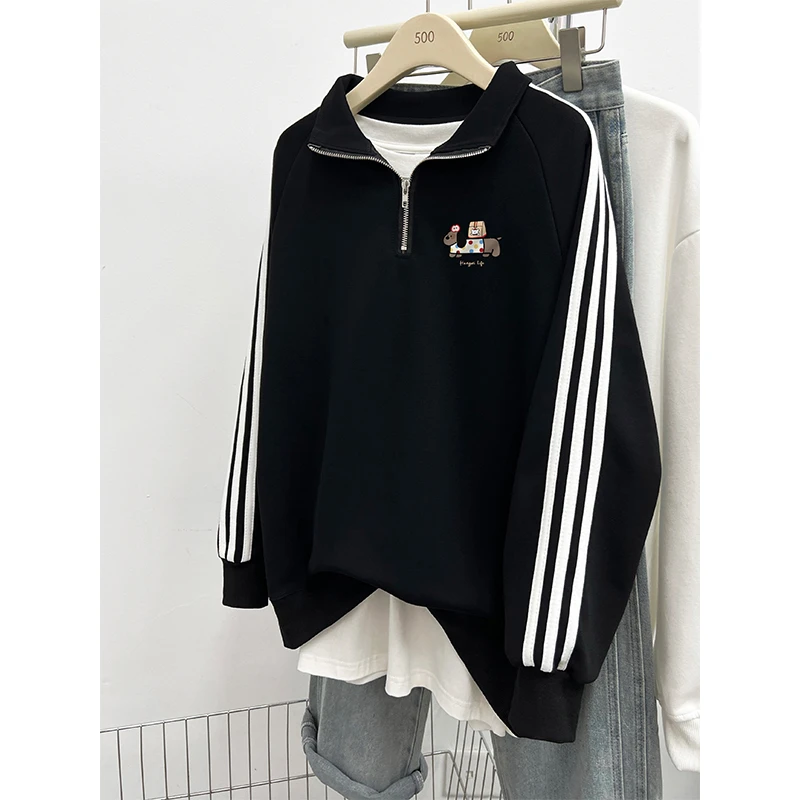 美式潮牌卡通印花设计感POLO领卫衣女冬新款宽松三条杠长袖上衣