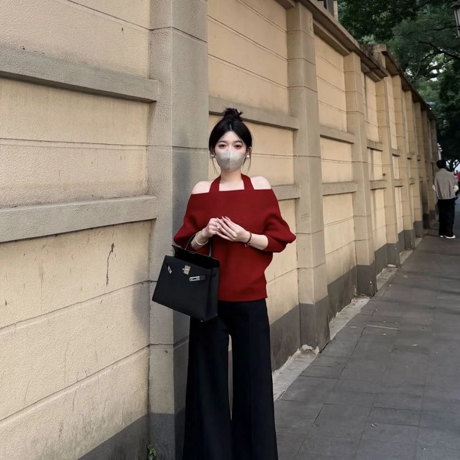 韩系设计感假两件挂脖露肩针织衫时尚纯欲风长袖上衣81121#0.1